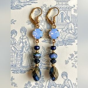 Victorian Swarovski Crystal Blue Opal & Gold Etched In Gold Plated Drop Earrings